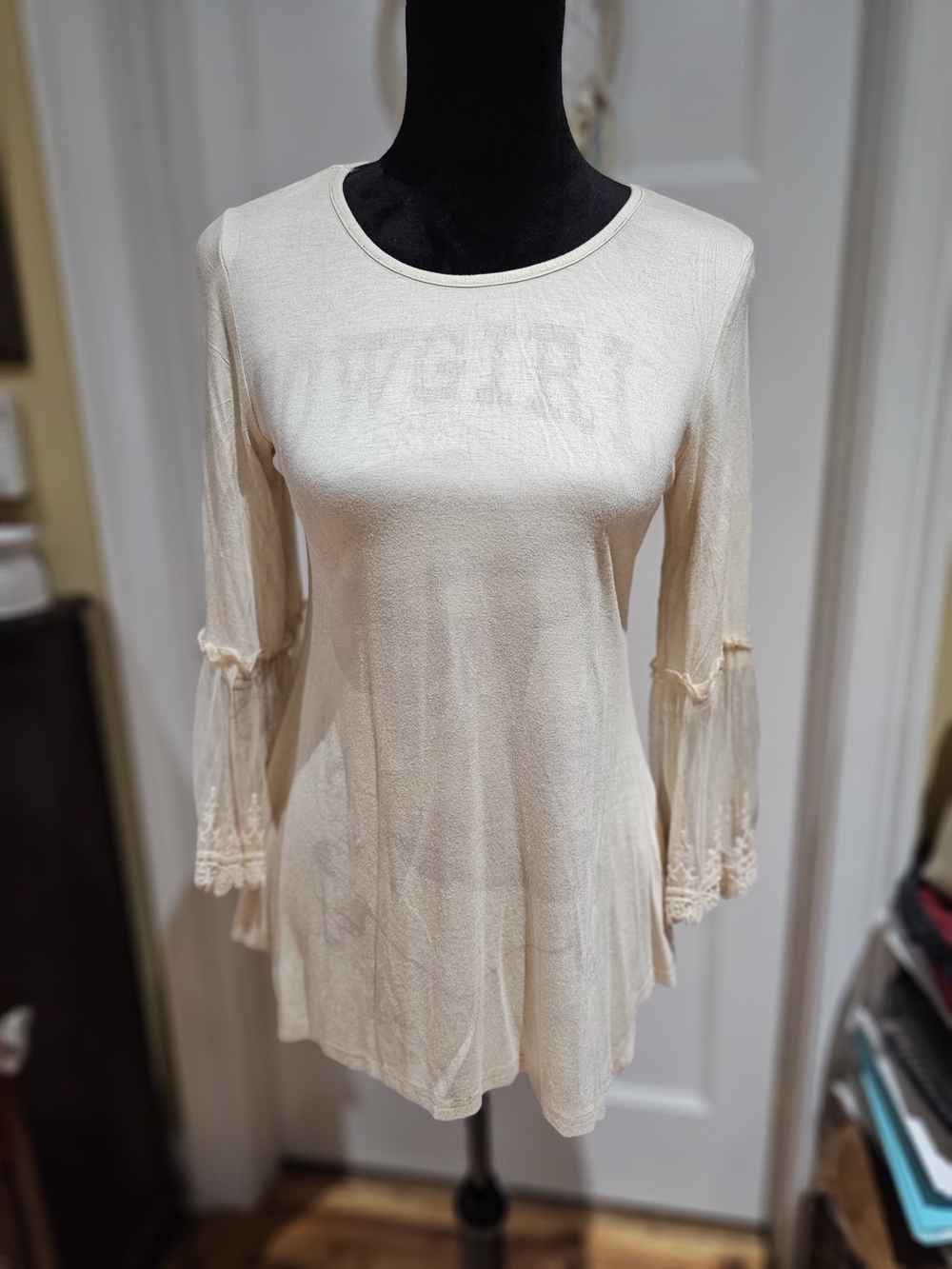 Women's Cream Bell-Sleeve Top with Lace Trim & Cowgirl Print